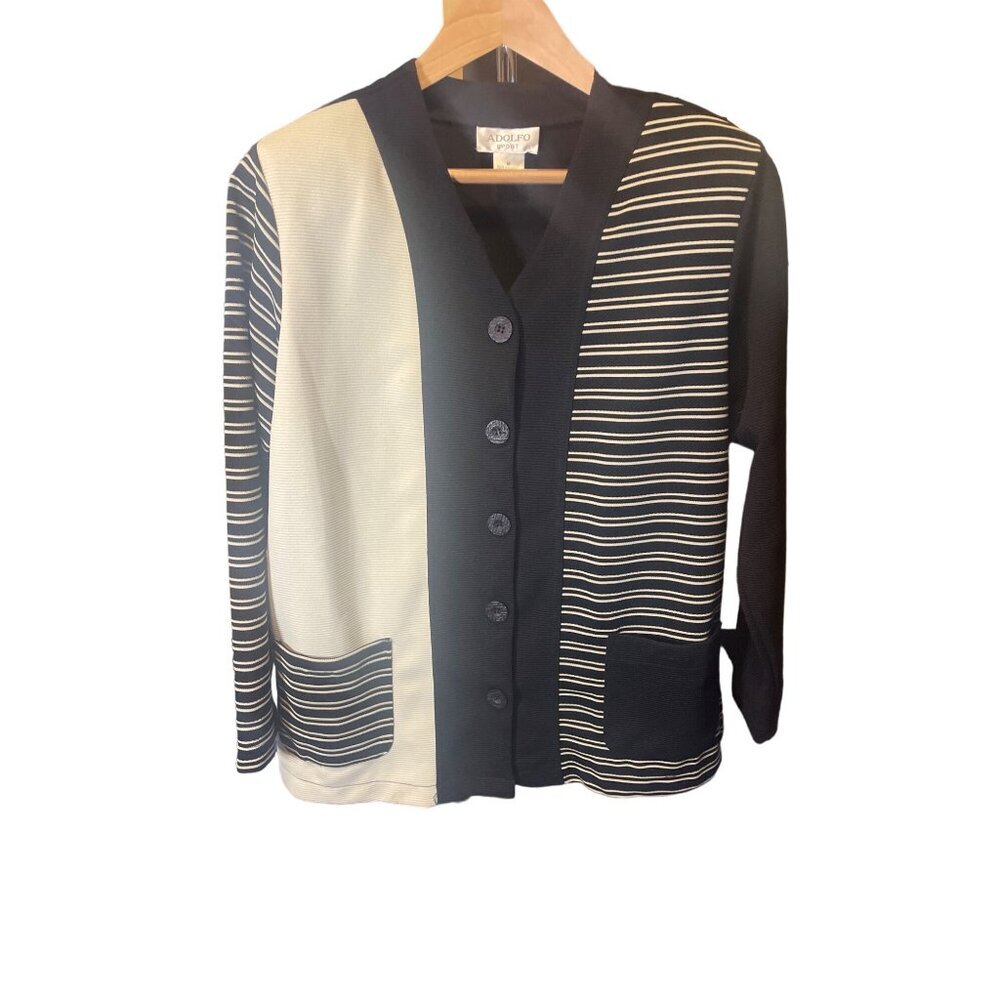 Adolfo Black Cream Color Block Button Front V Neck Long Jacket Sz M